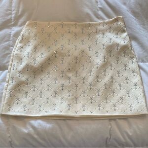 Cream White A-line Mini Skirt with Rhinestone Embellished Details